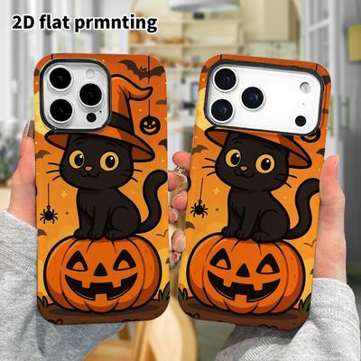 Phone Case: 2D Flat Design Suitable for iPhone 18 17 16 15 14 13 Pro Film Protective Case, Couple Style, Little Witch Cat, Christmas and Halloween Gif