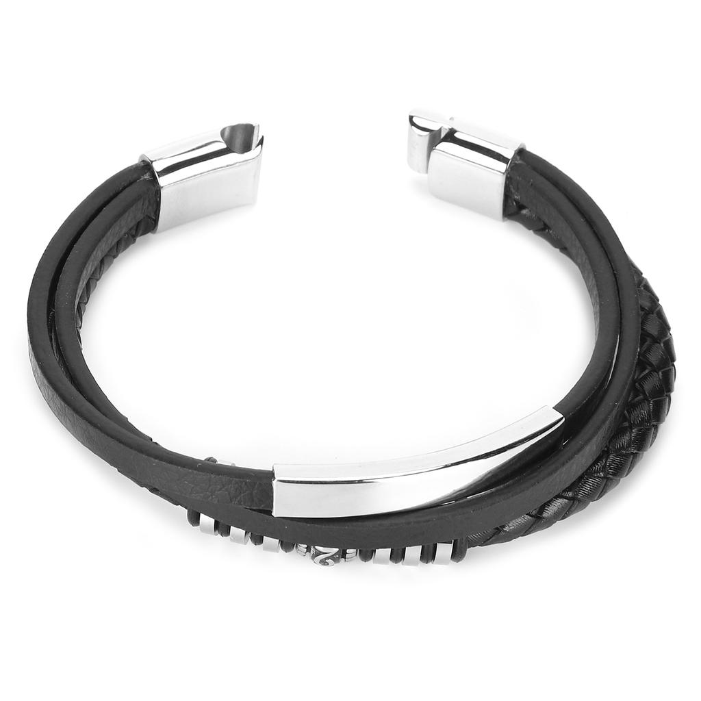 Men"s PU Leather Black Stainless Steel Wrist Band Cuff Bangle Bracelet Magnetic Clasp