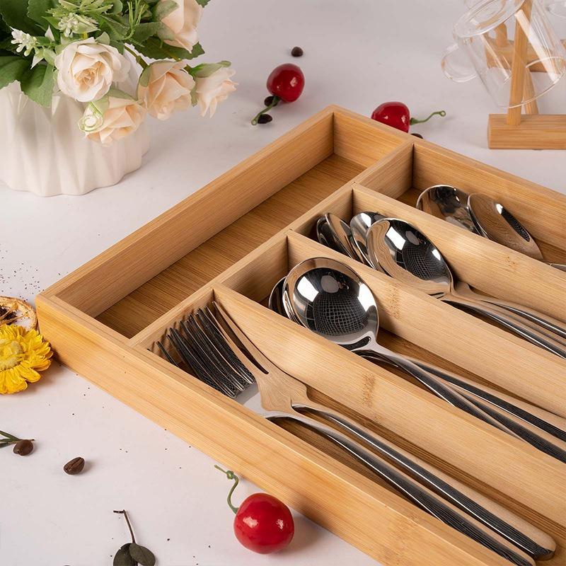 Bamboo Utensils Drawer Organizer Cutlery Utensil Silverware Tray, Perfect for Kitchen, Bathroom, Desk, Kitchen Drawer Divider