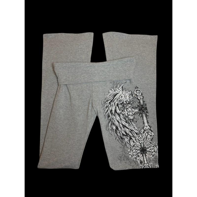 Y2K Gothic Cross Print Flared Pants Women Streetwear Casual Yoga Trousers