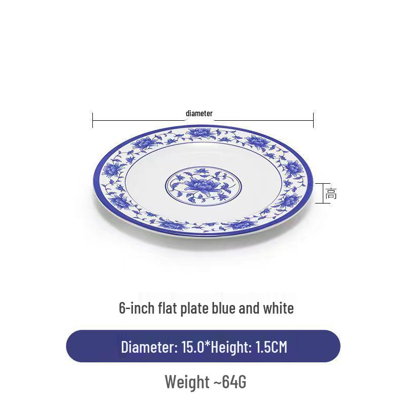 Plato redondo de melamina azul y blanca - Imitación de porcelana gruesa, ideal para salteados, arroz y uso en restaurantes.
