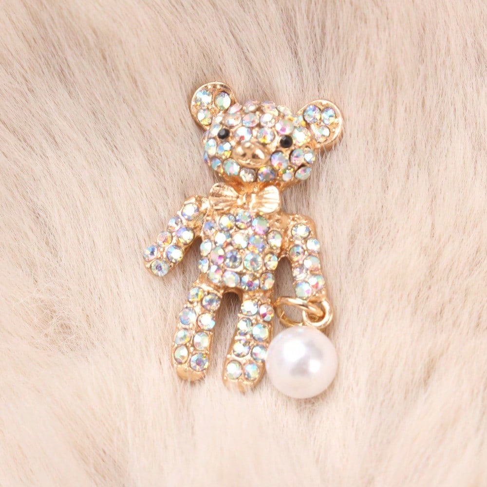 Vintage Teddy Bear Brooch Set, Gold Silver-Toned Rhinestone Pearl Pin, Fashion Accessory for Outfits Bags Styling
