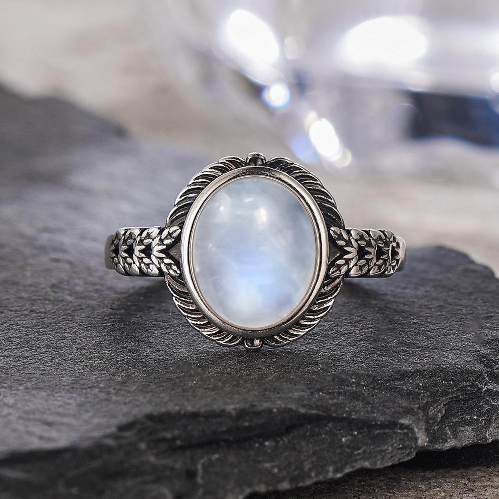 Vintage S Sterling Silver Natural Moonstone Ring Oval 8*10MM Simple Black Twists Ring Party Gifts Fine Jewelry For Women Men