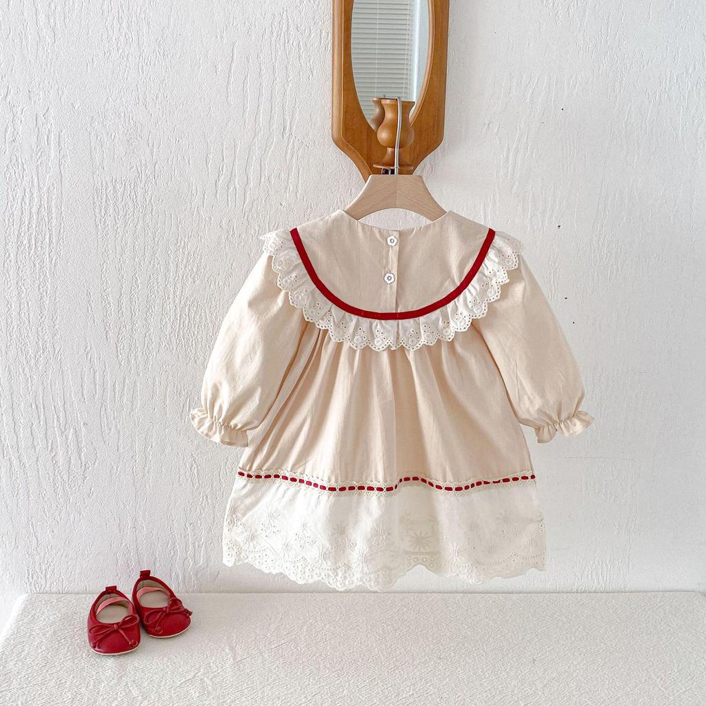 Dívčí volánkové šaty v korejském stylu, jaro 2026: Krajkový lem, Barevný blok, Dlouhý rukáv Sukně