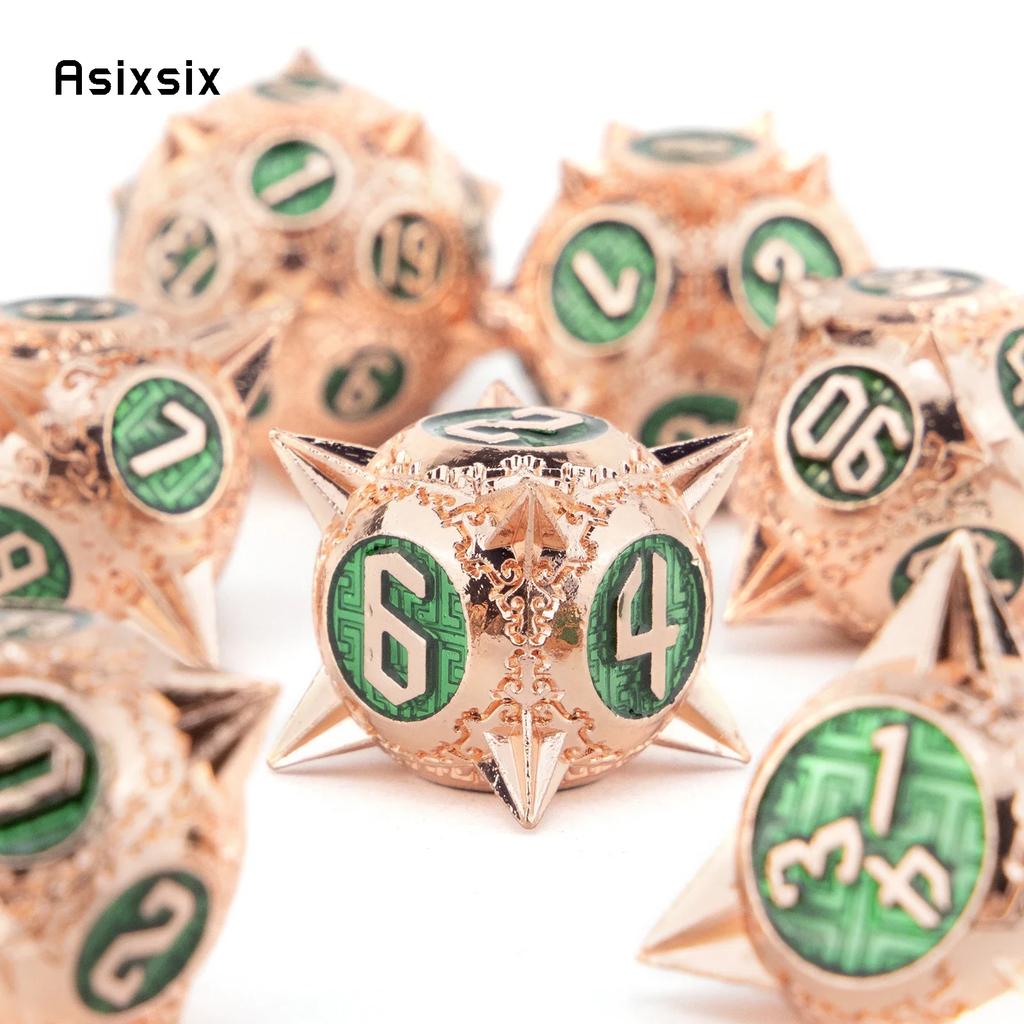 7 Pcs Copper Green Meteor Hammer Metal Dice Solid Metal Polyhedral Dice Set Suitable For Role-Playing Dice PropBoard Game Gift