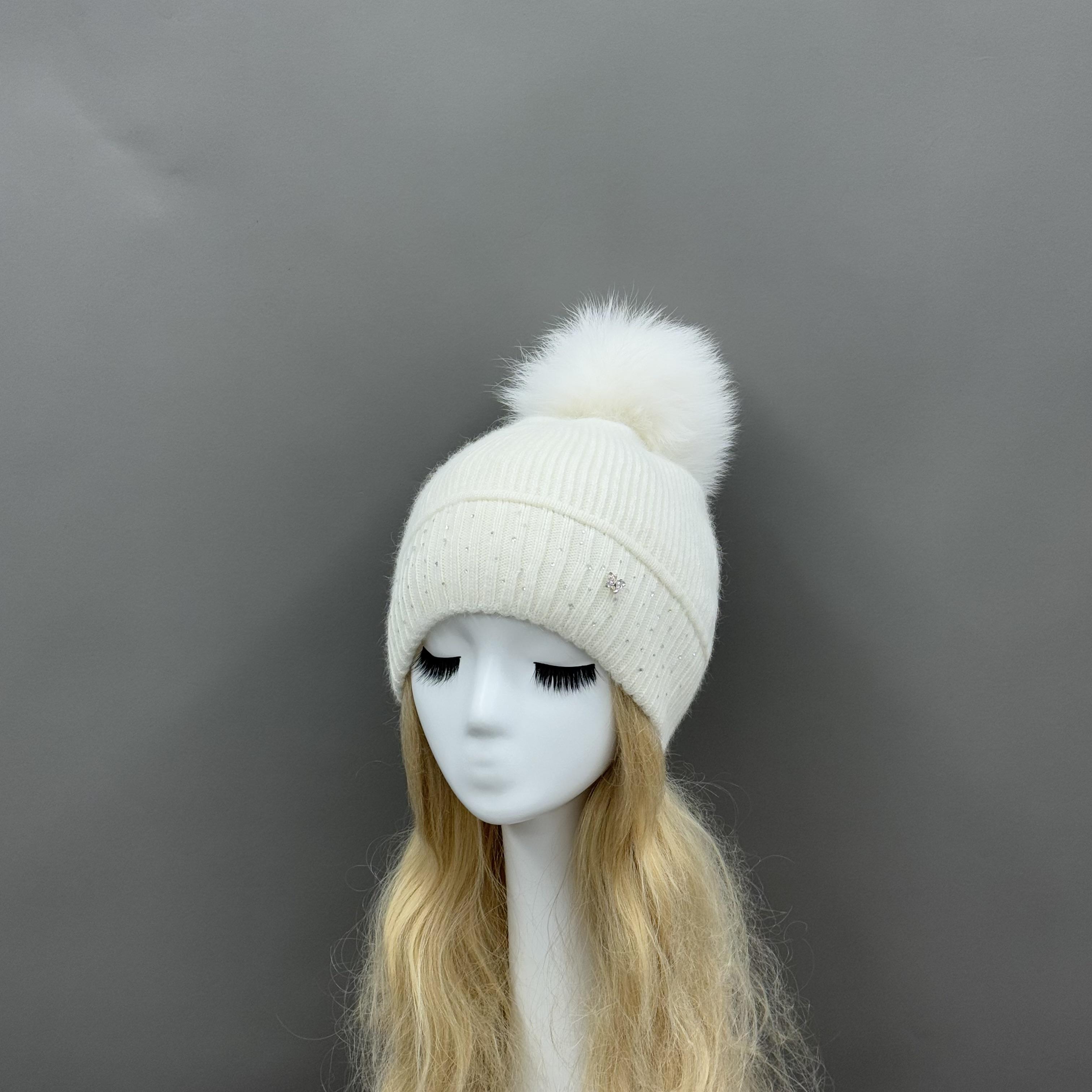 Janefur Ladies Unique Style High Quality Angora Beanie Hat with Pretty butterfly Diamond and Fur Pom Pom Women s Knitted Hat