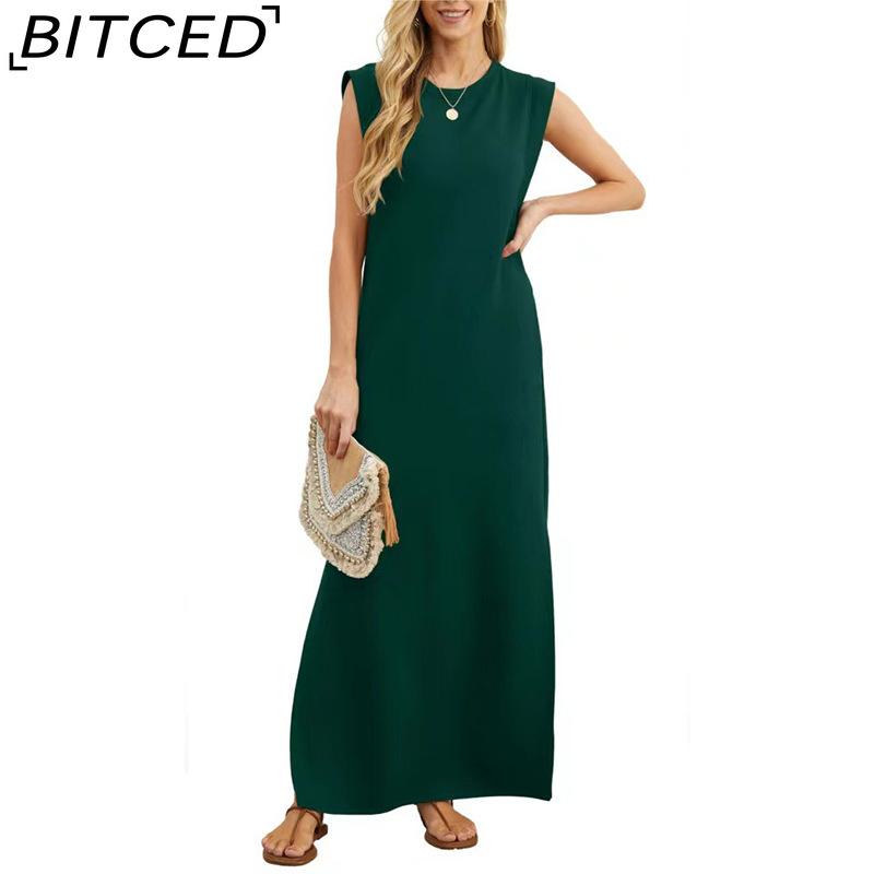 BITCED Women's Summer Solid-Colour Casual Loose-Fit Pocket Dress Long Dress