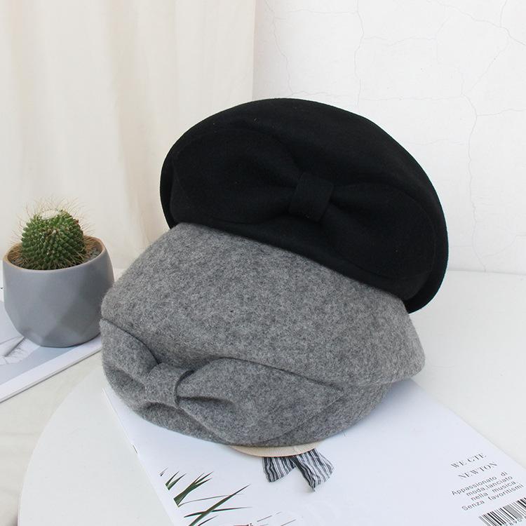 Hat Female Shape Felt Hat Autumn And Winter Wool Beret Elegant Solid Color Bow Stewardess Hat