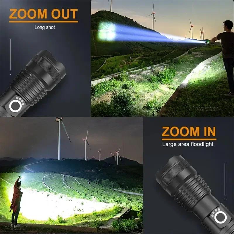 XHP50 High Power Rechargeable LED Tactical Flashlight Aluminum Alloy Telescopic Zoom Torch Lamp for Outdoor Camping Fishing