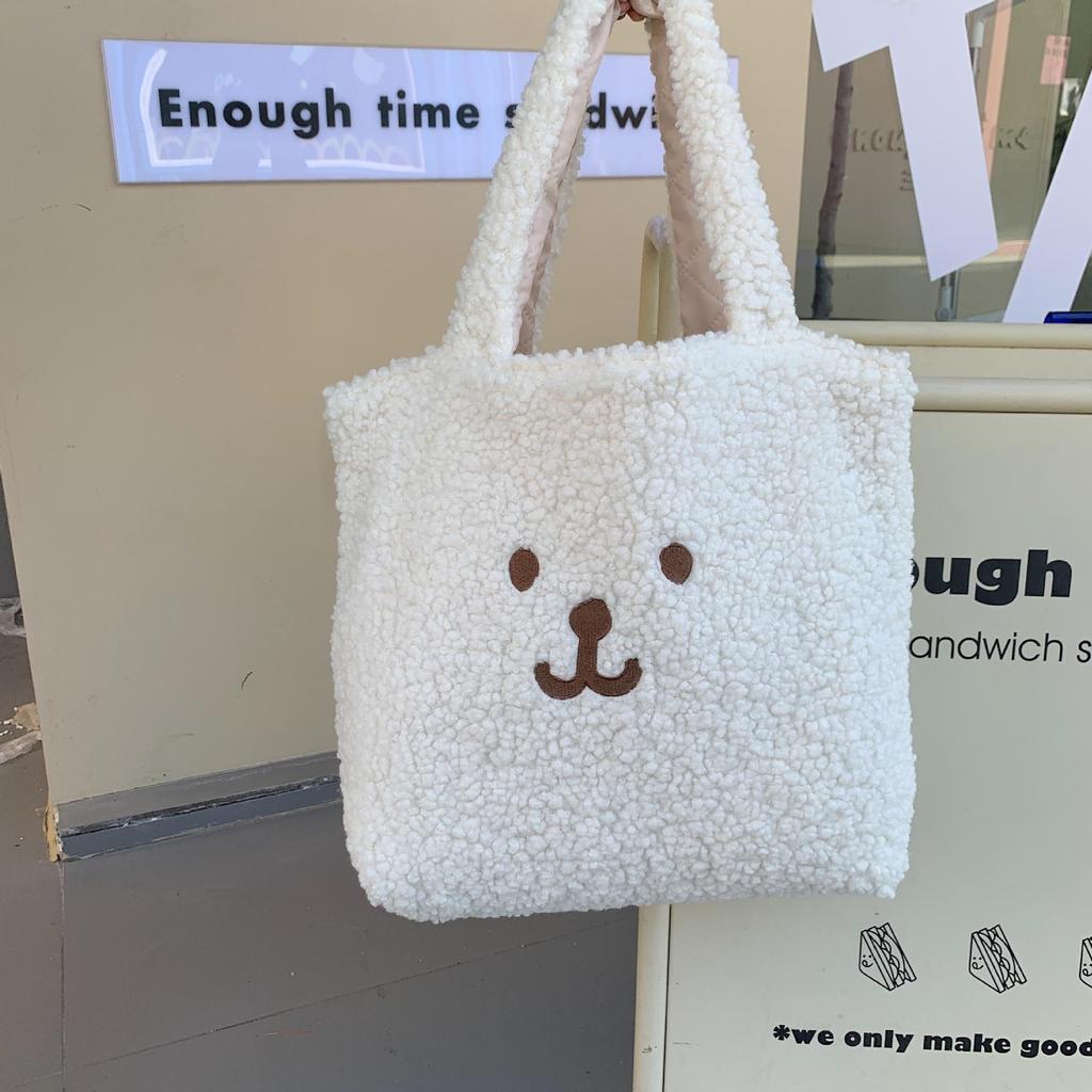 Women Cute Plush Bear Girl Heart Embroidery Double Sided Shoulder Bag