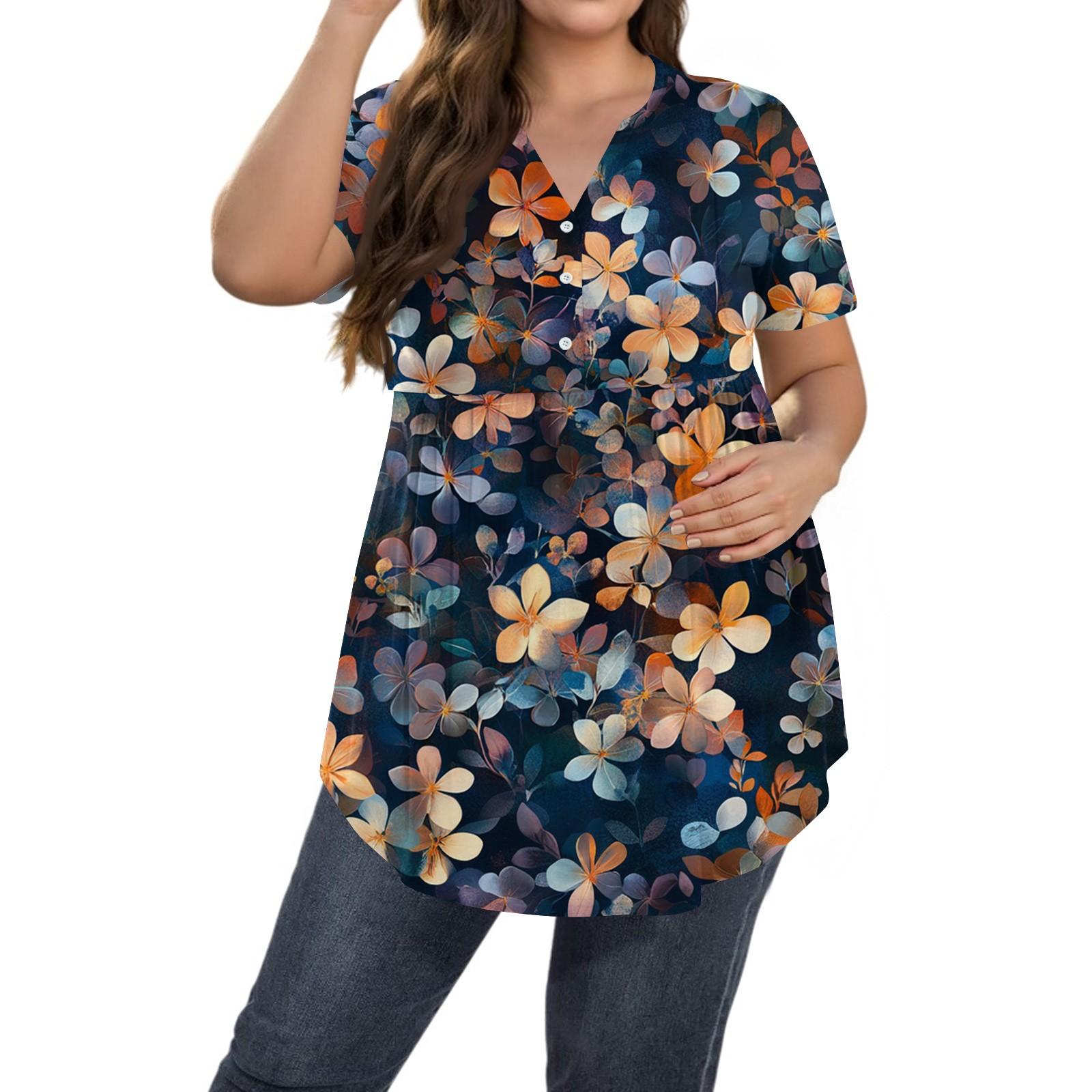 

Женский принт Большой размер V-образный вырез Застегивающаяся на пуговицы блузка Повседневная с коротким рукавом Свободная блузка XXL