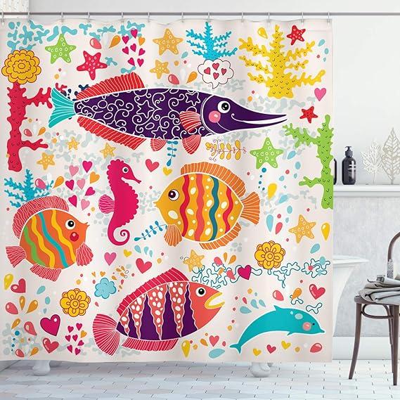 

ocean life shower curtain: vibrant fish, seahorses, starfish, dolphins, and corals for a nautical bathroom decor