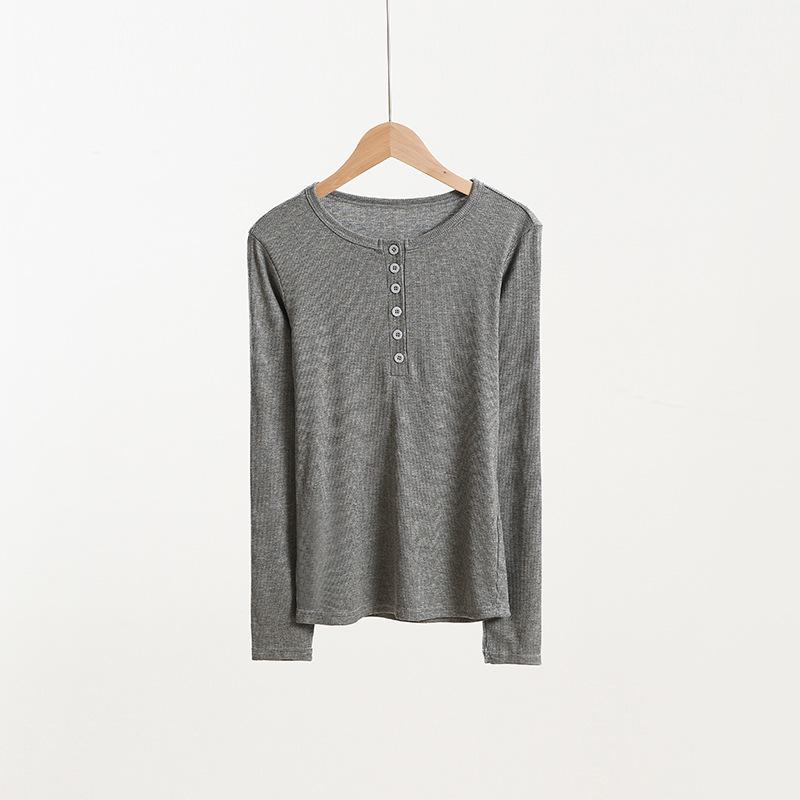 Women's Slim Fit Long Sleeve Half Open Collar T-shirt with Button Detail