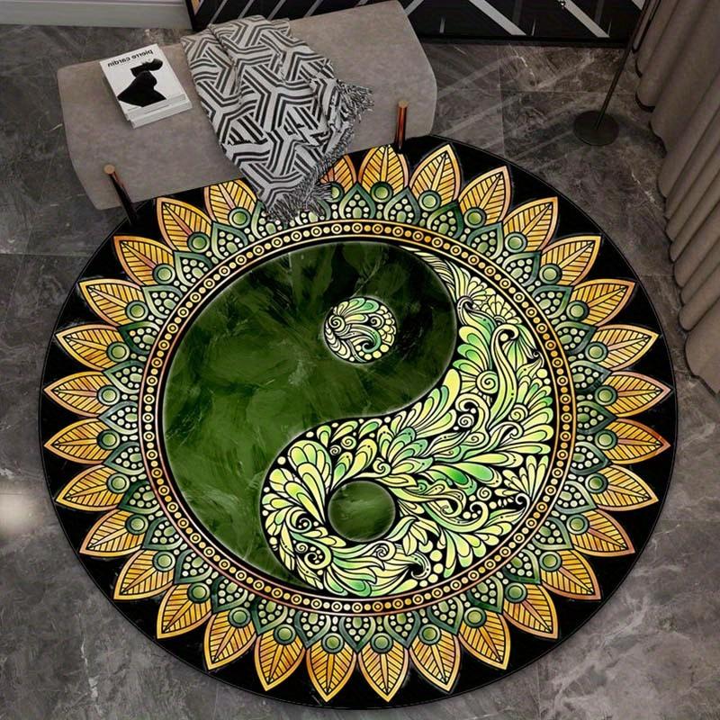 1pc A vibrant Yin Yang Mandala round rug - with its intricate black and yellow pattern, perfect for living room or bedroom decor