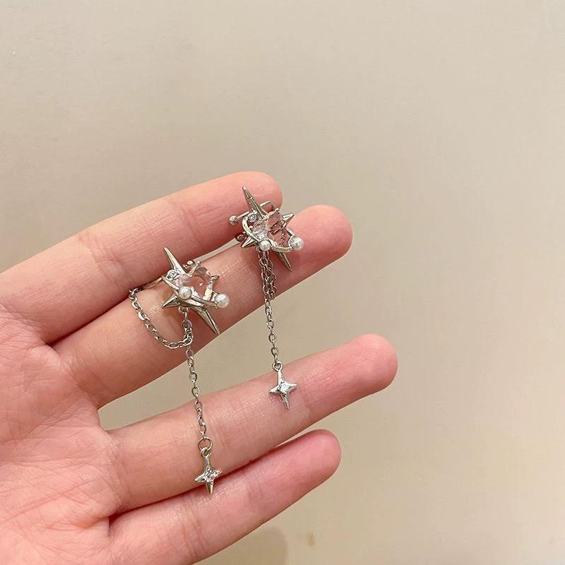 Romantic Zircon Heart Star Dangle Earrings for Women Sweet Pink Opal Long Tassel Chain Ear Cuffs Y2K Accessories Fine Jewelry