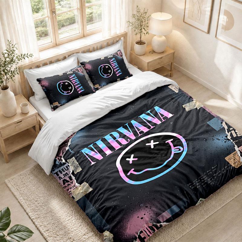 Bedding Set 1 Duvet Cover 2 Pillowcases Nirvana Print Bedroom Home Decoration