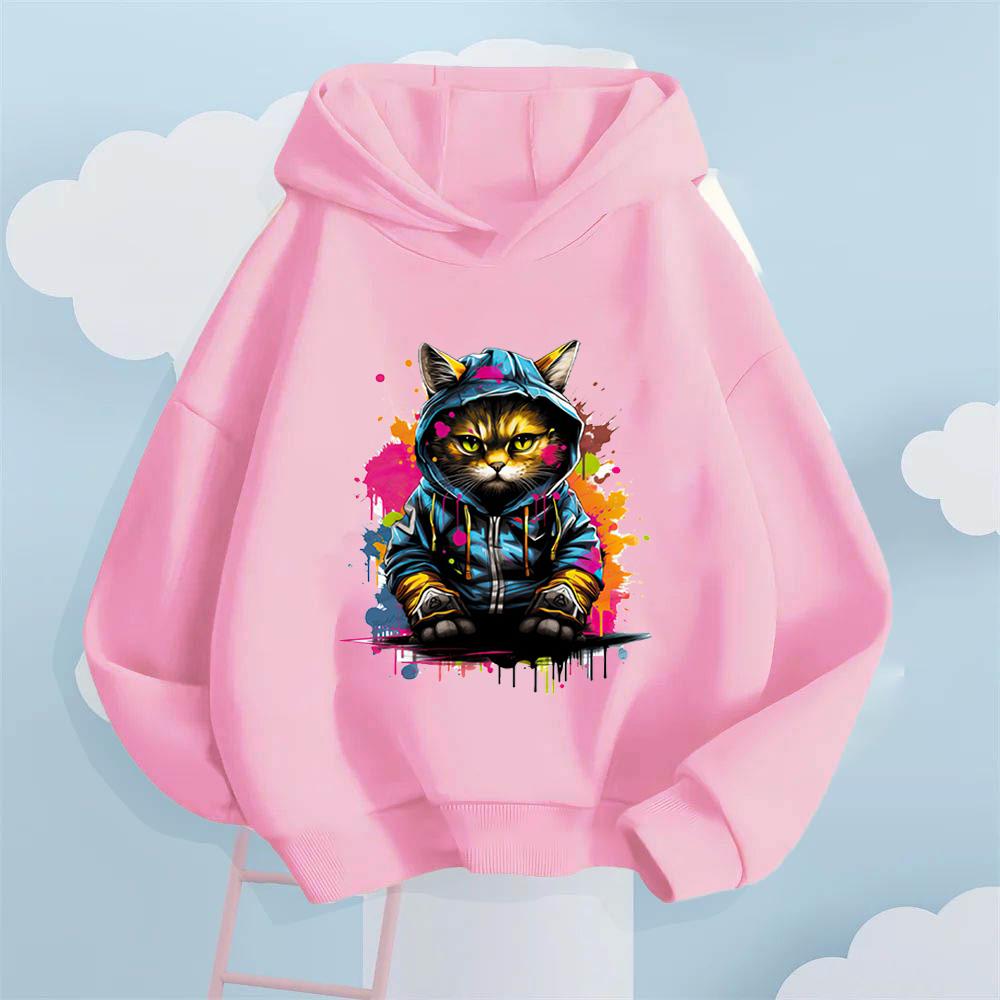 Graffiti Cool Cat Cartoon Printed Kids' Hoodie, Let Children Wear Personality-Filled Hip-Hop Playful Fashion Sense