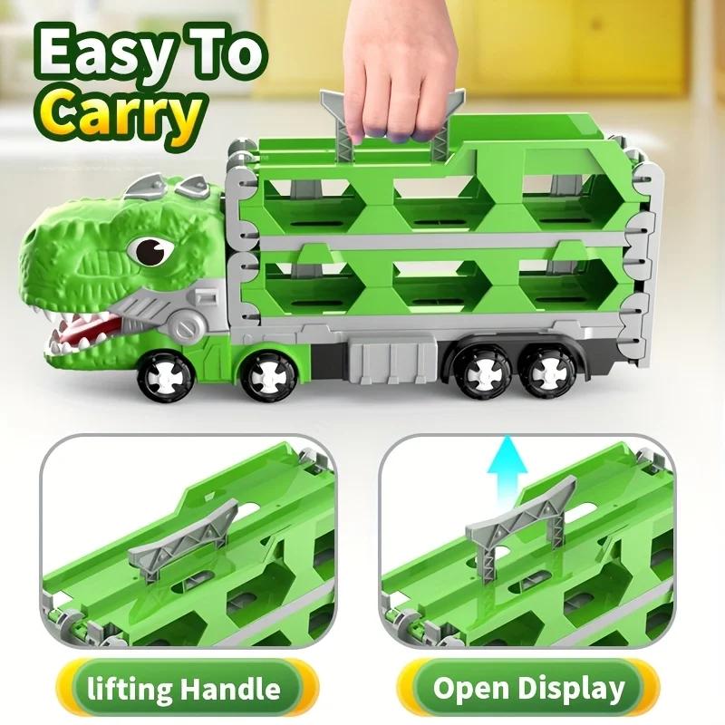 Dinosaur Large Car Toy T-Rex Truck Transforming Carrier Truck Race Track Foldable Truck With Racing Car Birthday Gift For Boys
