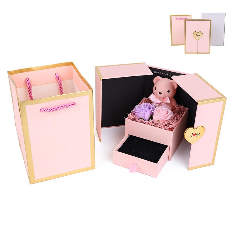 Caixa de Presente Ursinho Porta Dupla: Rosa Preservada e Gaveta de Joias para Aniversários e Dia dos Namorados