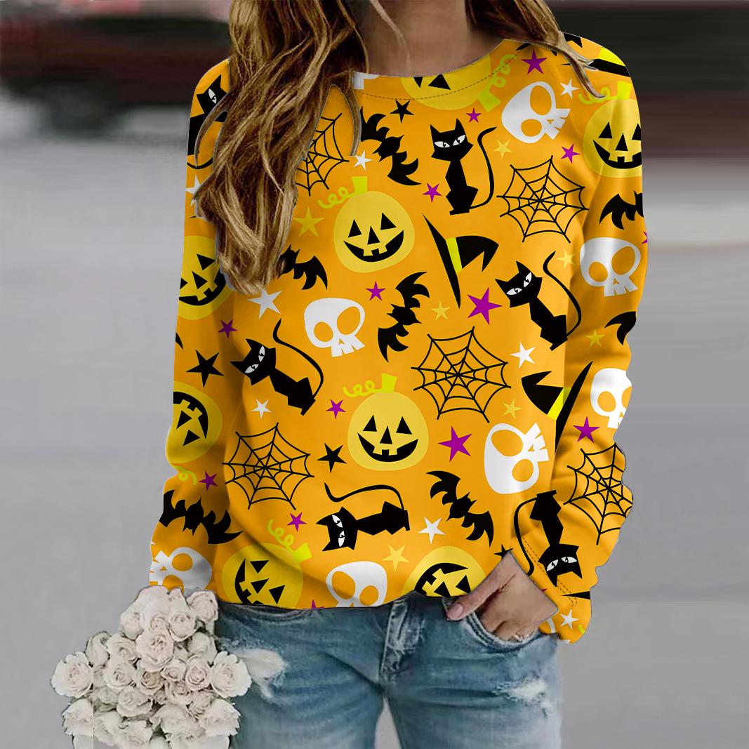 

Осенняя женская мода с круглым вырезом и длинным рукавом, свободная одежда, футболка с принтом призрака 8XL жёлтый