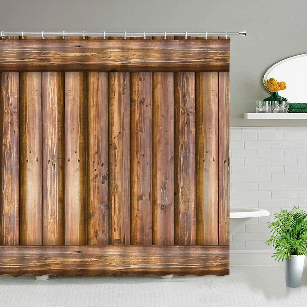 Retro Holz Türen Duschvorhang Set Rustikal Alt Vintage Scheunentor Stoff Badezimmervorhänge Bauernhaus Baddeko Badwände Haken