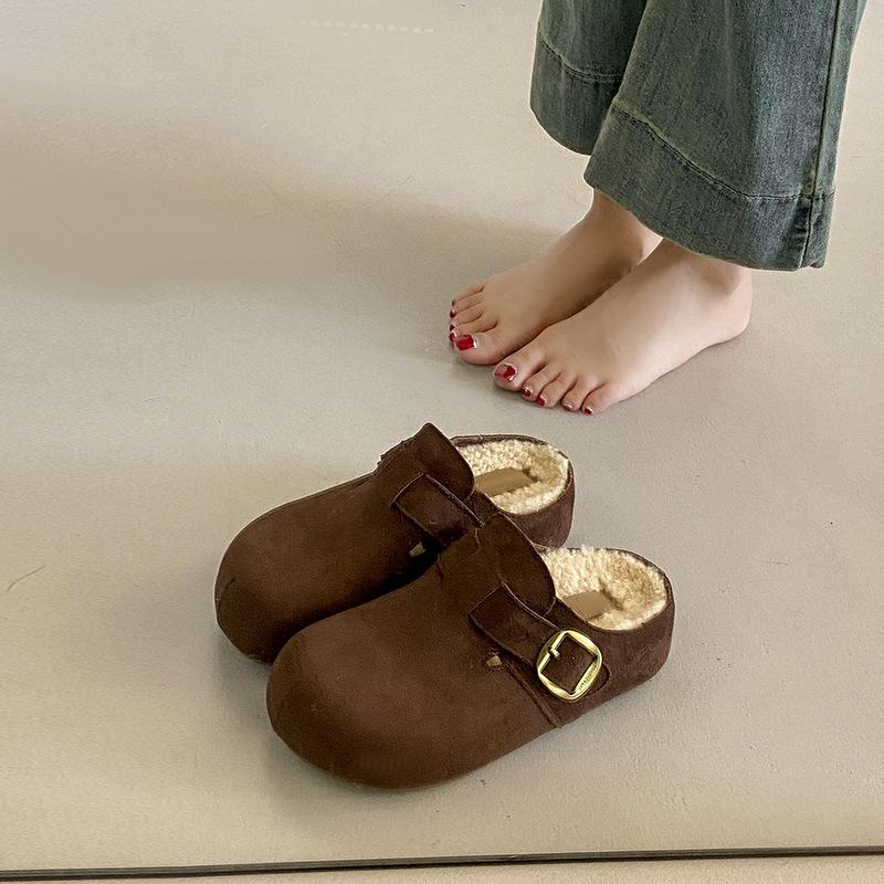 2025 Autumn and Winter New Belt Buckle French Retro Loafer Women's Shoes Doudou Velvet Platform Versatile Cotton Slippers
