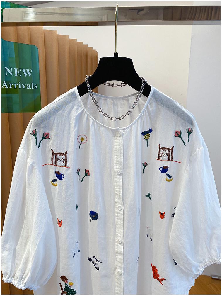 Women's Unique Embroidery Ramie Top - Extra Large, Lightweight, Chic, and Stylish for Summer 2026