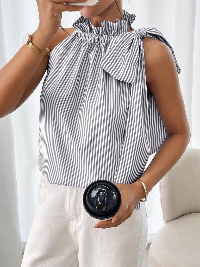 Trendy Casual Striped Ruffled High Neck Tie-Up T-Shirt Top