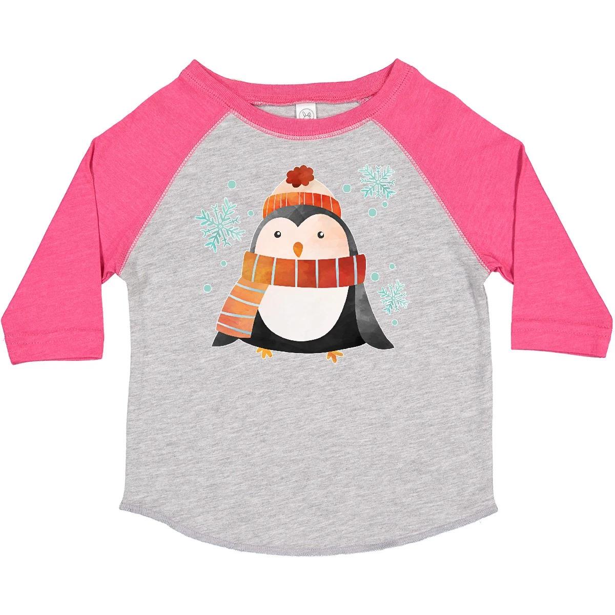 Inktastic Cute Winter Penguin In Hat And Scarf With Snowflakes Toddler kids boys T-Shirt 140