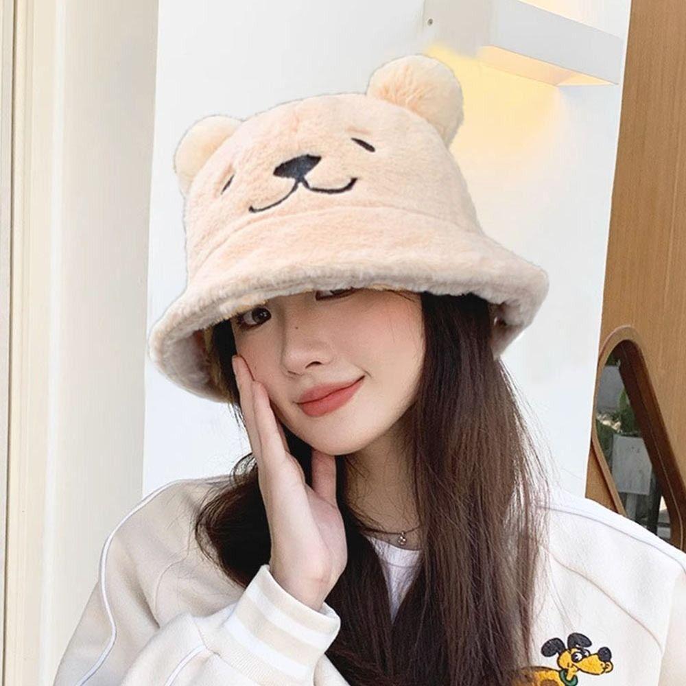 Fashion Cute Bear Ears Fur Bucket Hat Thick Soft Women'S Fisherman Hat Warm Basin Hat Autumn Winter