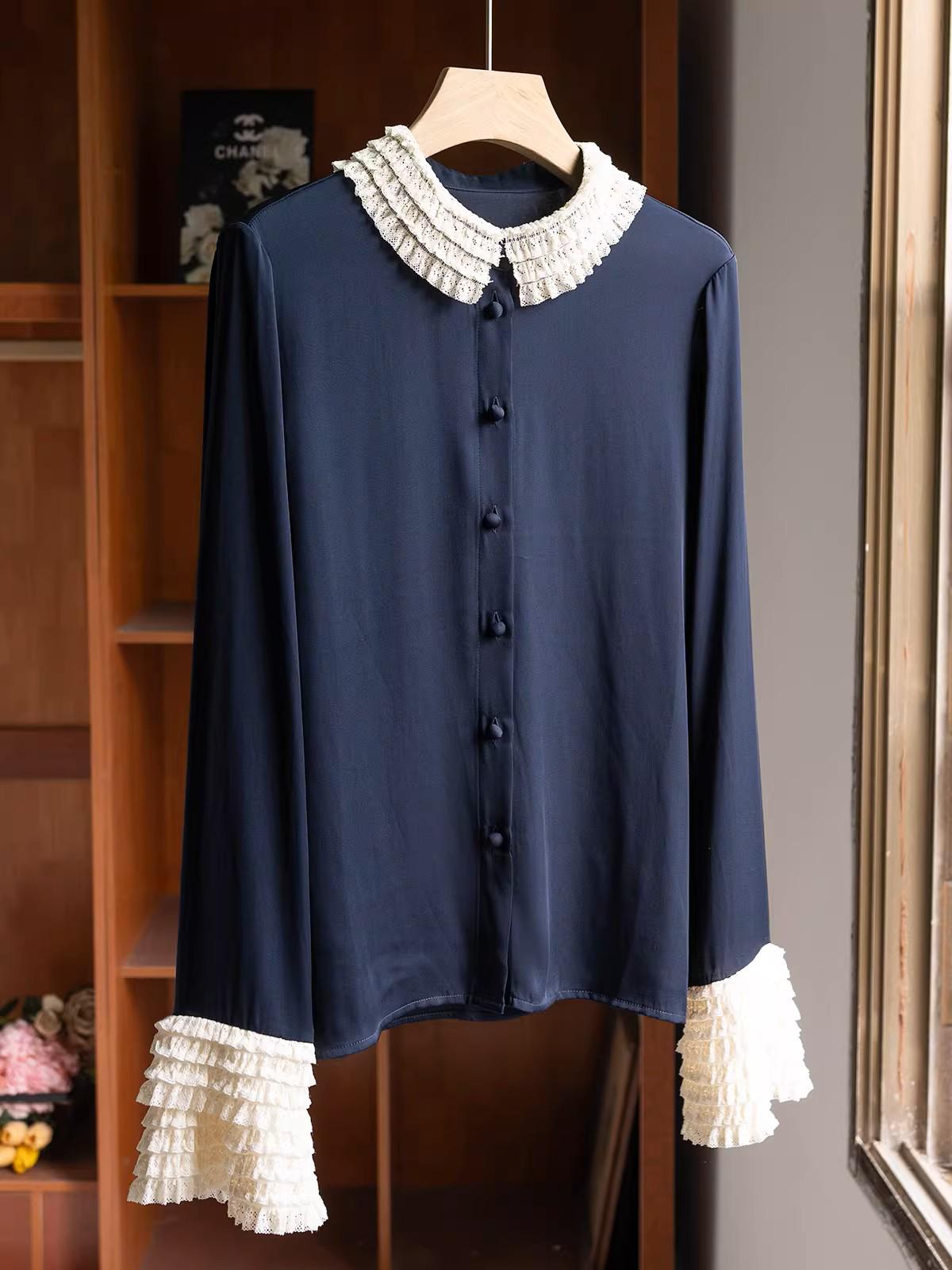 

Valentino Silk Lace Doll Collar Shirt with Frayed Edge M темно-синий