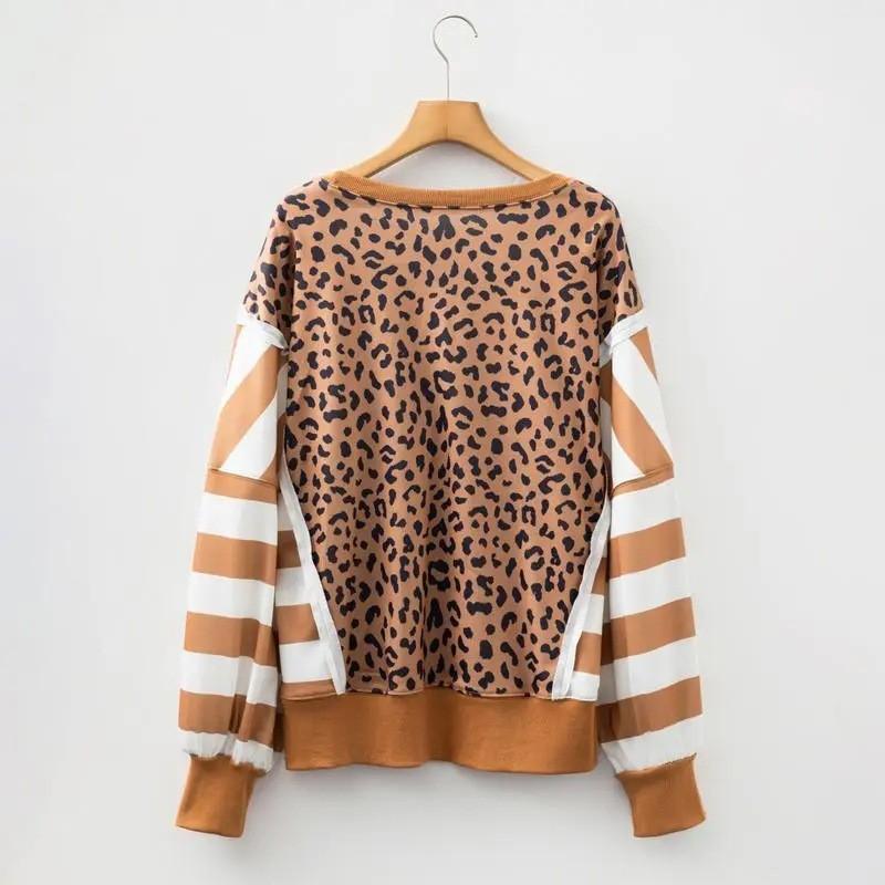 Womens Casual Oversized Round Neck Sweatshirt With Leopard Print Patchwork Stripe Design 2026