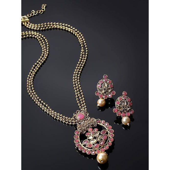 

Суккхи привлекательный розовый камень многорядный длинный комплект ожерелья и серьги