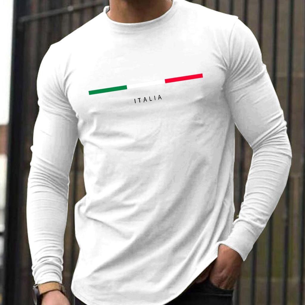 Men's Loose Fit Comfortable Casual Sports Letter Pattern Printed Round Neck Long Sleeved T-shirt Top