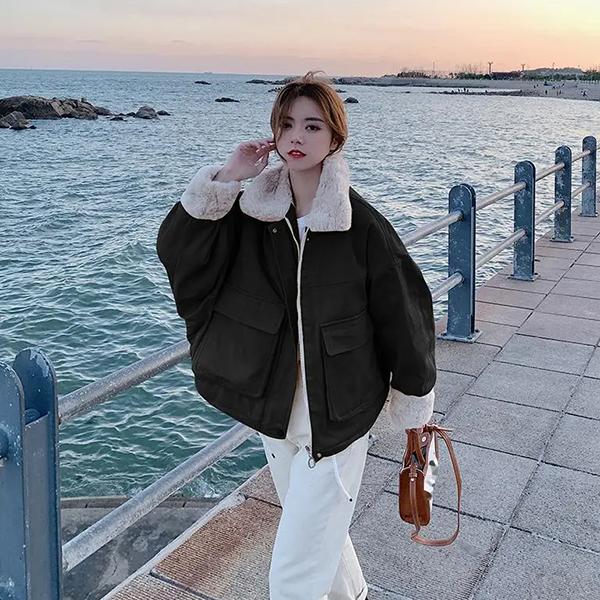 WTEMPO Winter Large Size Warm Woolen Women's Cotton-padded Jackets Solid Color Casual Loose Thickened Short Cotton Parkas