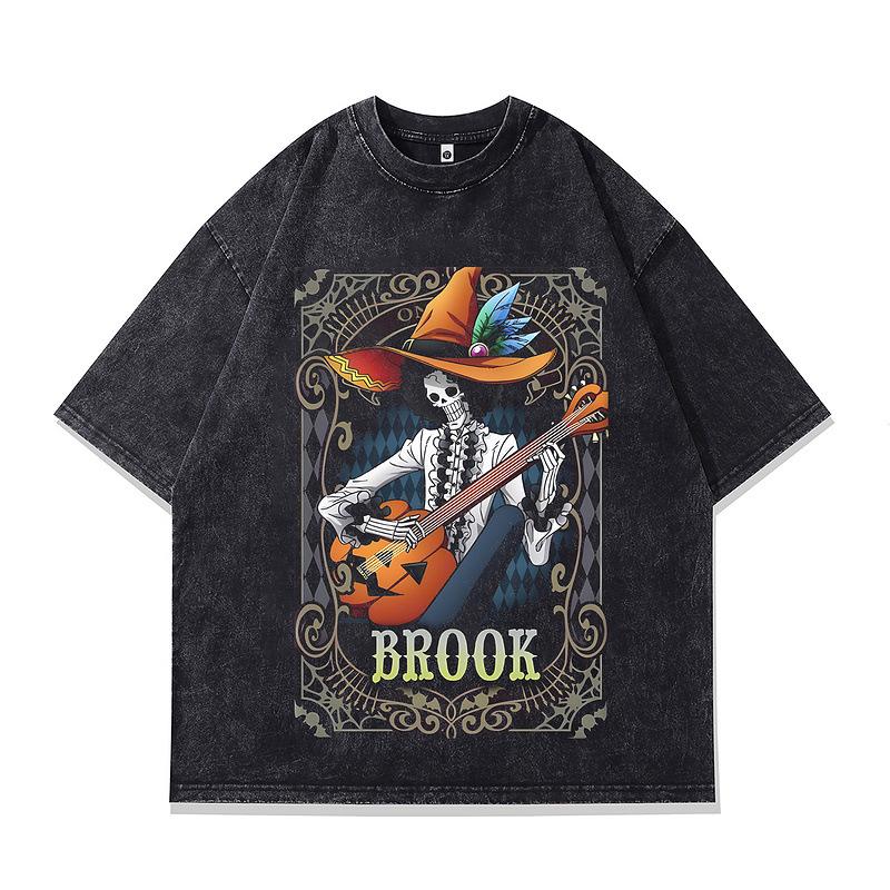 Heavy Cotton Japanese Cartoon Animation Direct Injection Printing Short-Sleeved T-Shirt Loose Washed Half-Sleeved T-Shirt Men S