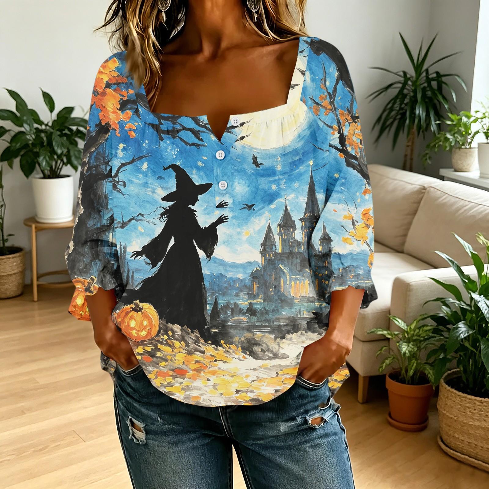 Women s Halloween Square Neck Button Front T-Shirt with 3D Print XXXXXL