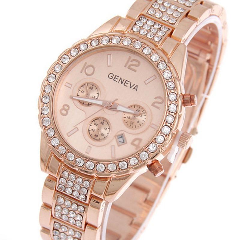 New Fashion Casual Women Watches Diamond Crystal Complete Calendar Gold Quartz Watch Women ClockGirl Rhinestone Relogio Feminino