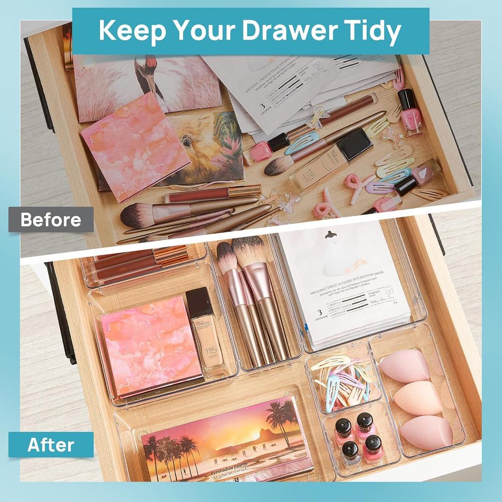 25 PCS Clear Plastic Drawer Organizer Set, 4 Sizes Desk Drawer Divider Organizers and Storage Bins for Makeup, Jewelry, Gadgets for Kitchen, Bedroom