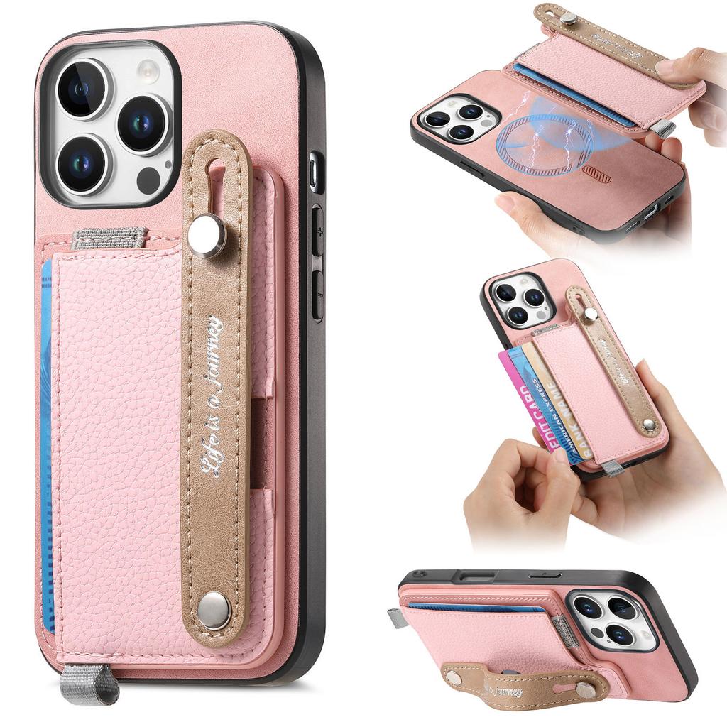 For iPhone 16 Pro Magnetic Leather Back Case with Detachable Card Holder and Wristband