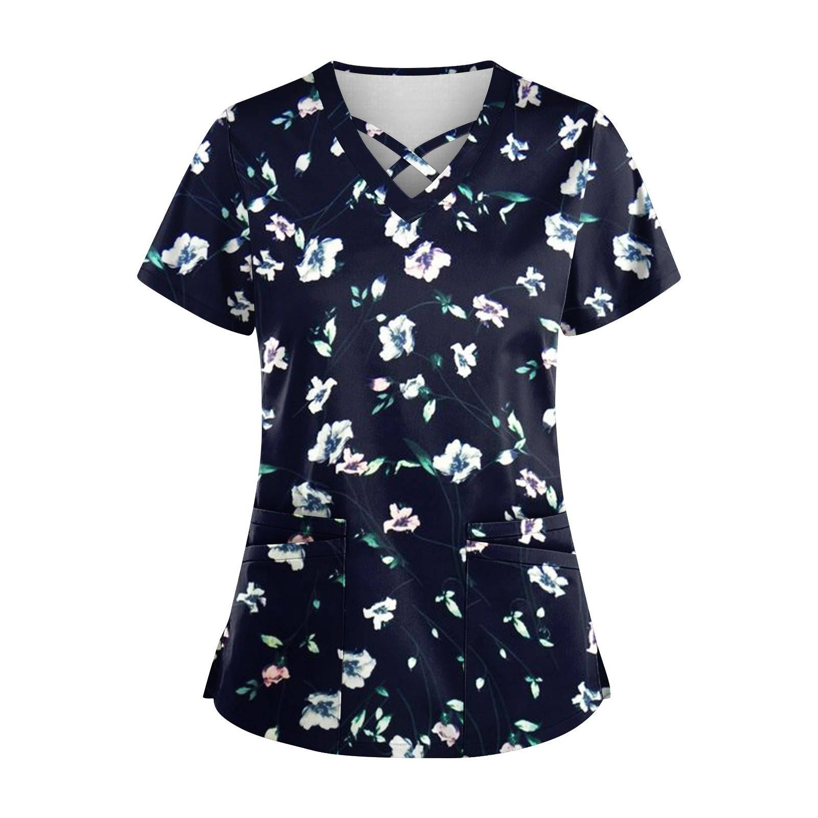 

Плюс размер, милая рабочая форма с принтом, топы для женщин, забавные футболки с перекрестным v-образным вырезом и короткими рукавами, рабочая одежда, футболка с карманами M тёмно-синий