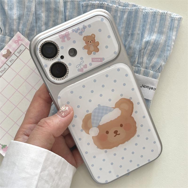Kawaii Sleepy Bear Blue Polka Dot Clear Phone Case For iPhone 15 16 17 Pro Max INS Cute Large Window Shockproof Cover