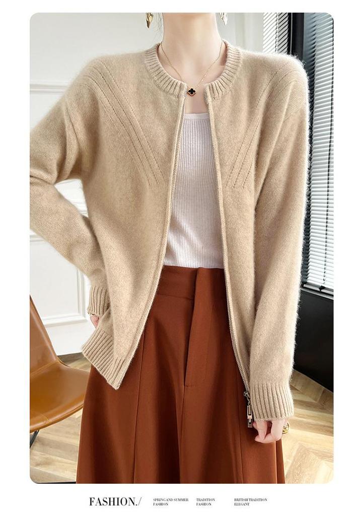 Cardigan lavorato a maglia con doppia zip slim fit stile retrò 2026 - Giacca maglione casual da donna girocollo