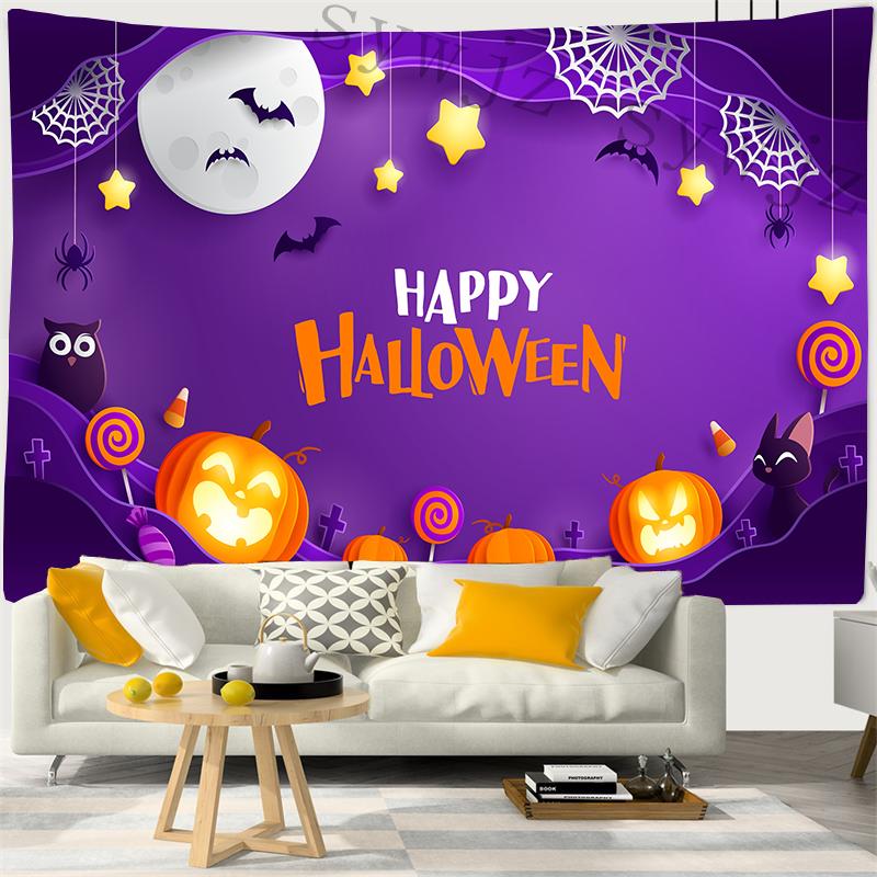 Home Decoration Tapestry Halloween Pumpkin Lantern Wall Hanging Magic Castle Spooky Holiday Party Background