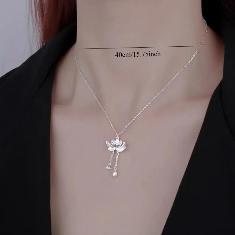 1PC Lotus Tassel Necklace Women's New Popular Good Luck Lotus Pendant Chinese Style Elegant Flower Necklaces Jewelry Accessories