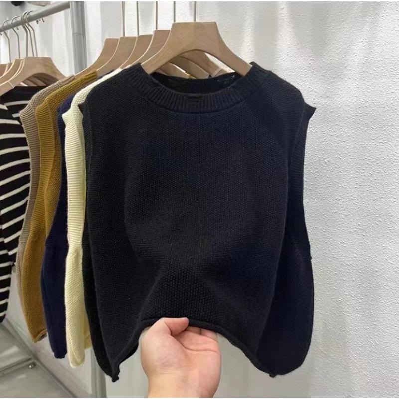 Maglioni girocollo senza maniche con stampa tinta unita, casual, autunno inverno, da donna