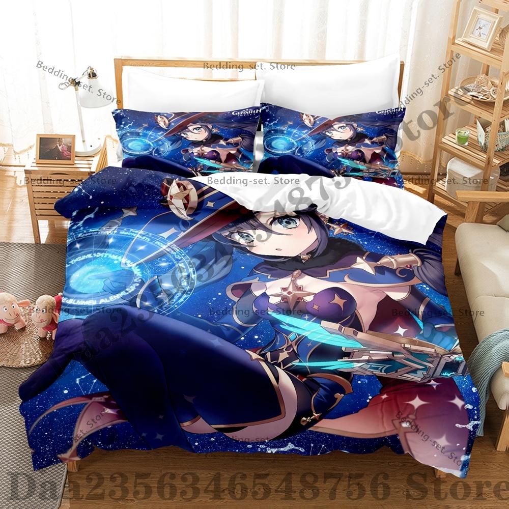 Game Genshin Impact Mona Bedding Set Kawaii Three Piece Set Bed Set Adult Bedroom Duvetcover Sets Anime Bed Sheet Set