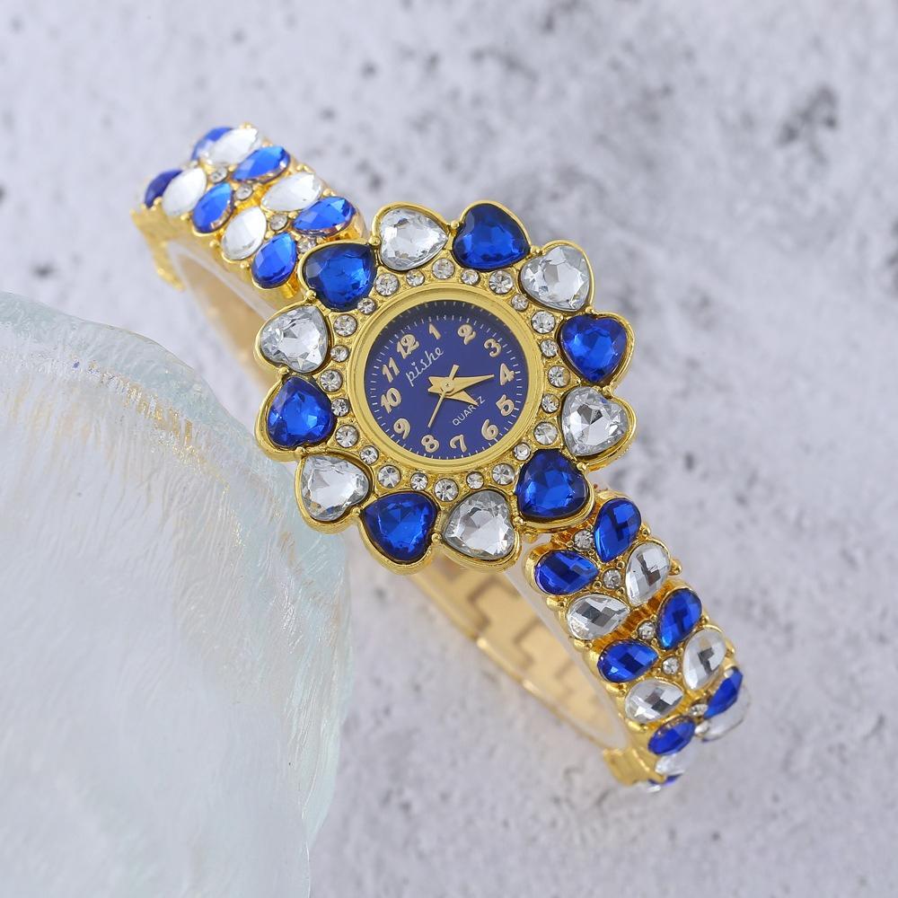 Women Heart Rhinestone Watches Flower Dial Bracelet Strap Quartz Watch Clock