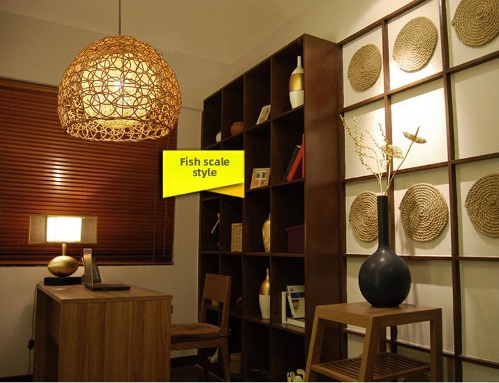 35cm Hand-woven Rattan Art Chandelier Round Fish Scale Bamboo Weaving Lamp Pastoral Retro Balcony Restaurant Chandelier