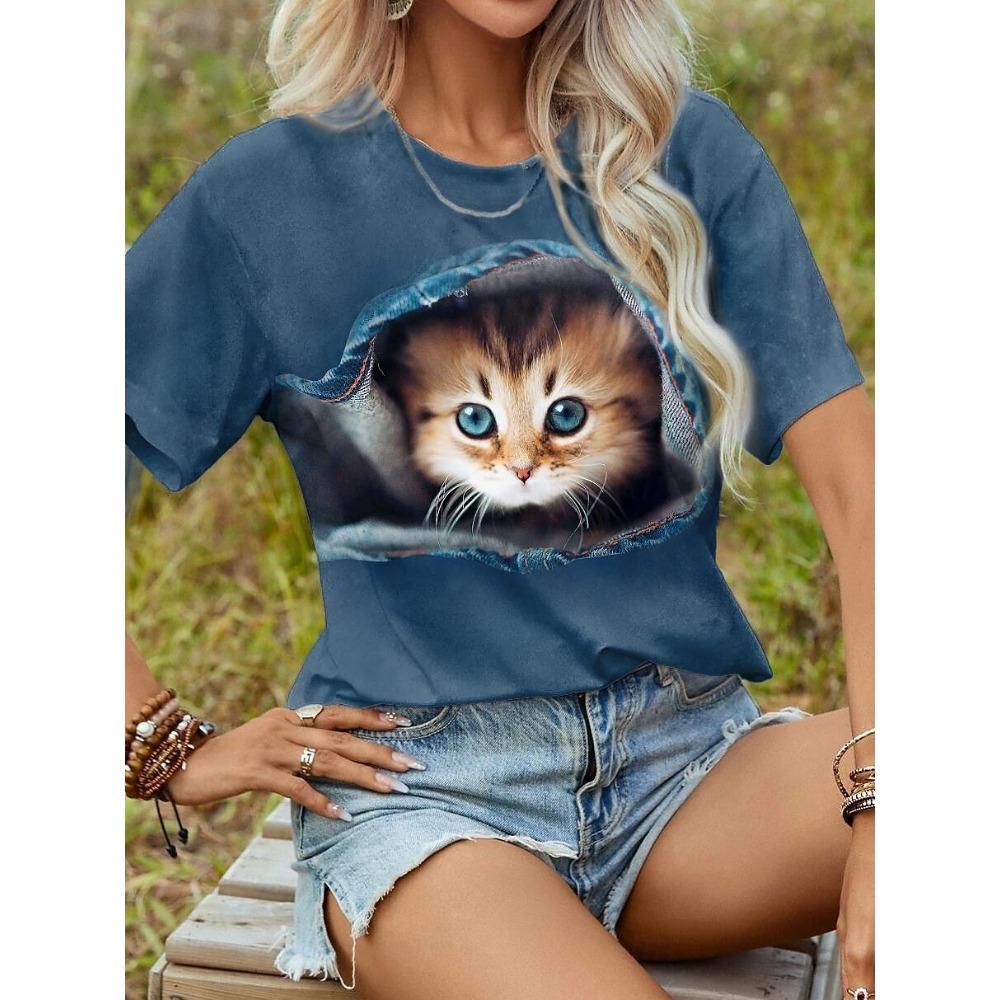 Cute Kitten T-Shirts Kawaii Cat 3D Print Summer Women's Round-Neck Short Sleeve T Shirt Harajuku Tees Y2k Tops Female Clothing